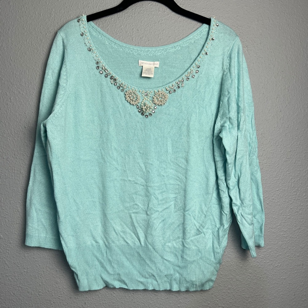 Worthington Womens Embellished Sweater Lg Aqua Blue Beaded Knit Coastal Grandma‎